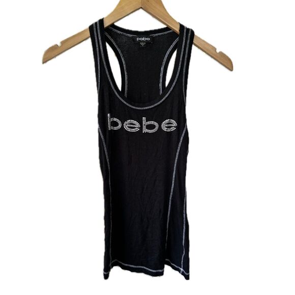 Bebe Y2K Women's Signature Swarovski Crystals Logo Ribbed Scoop Neck Tank Top M - Picture 1 of 6